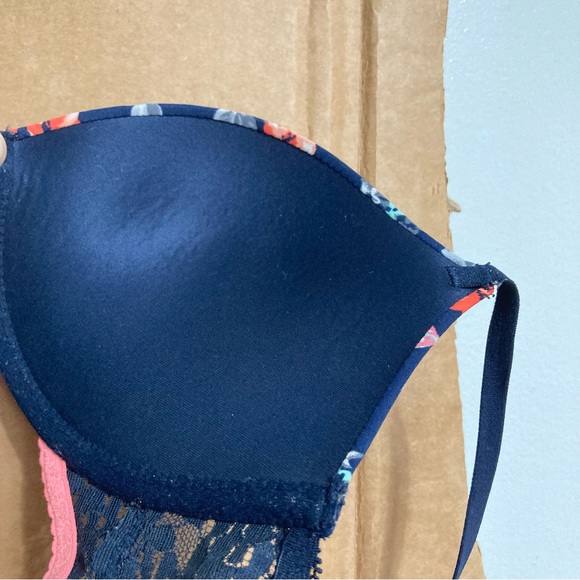GILLY HICKS Floral Flowers Padded Push up Plunge Bra Navy Blue Pink Orange 34b - Picture 14 of 15